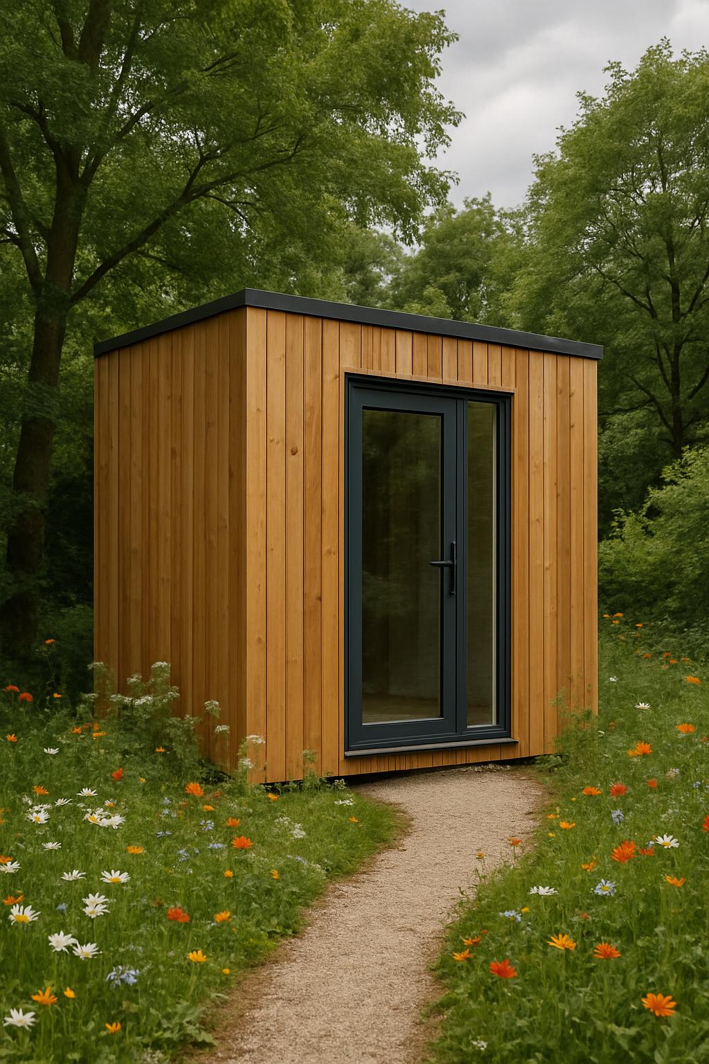 Office Pod in Garden Setting with Rustic Wooden Exterior